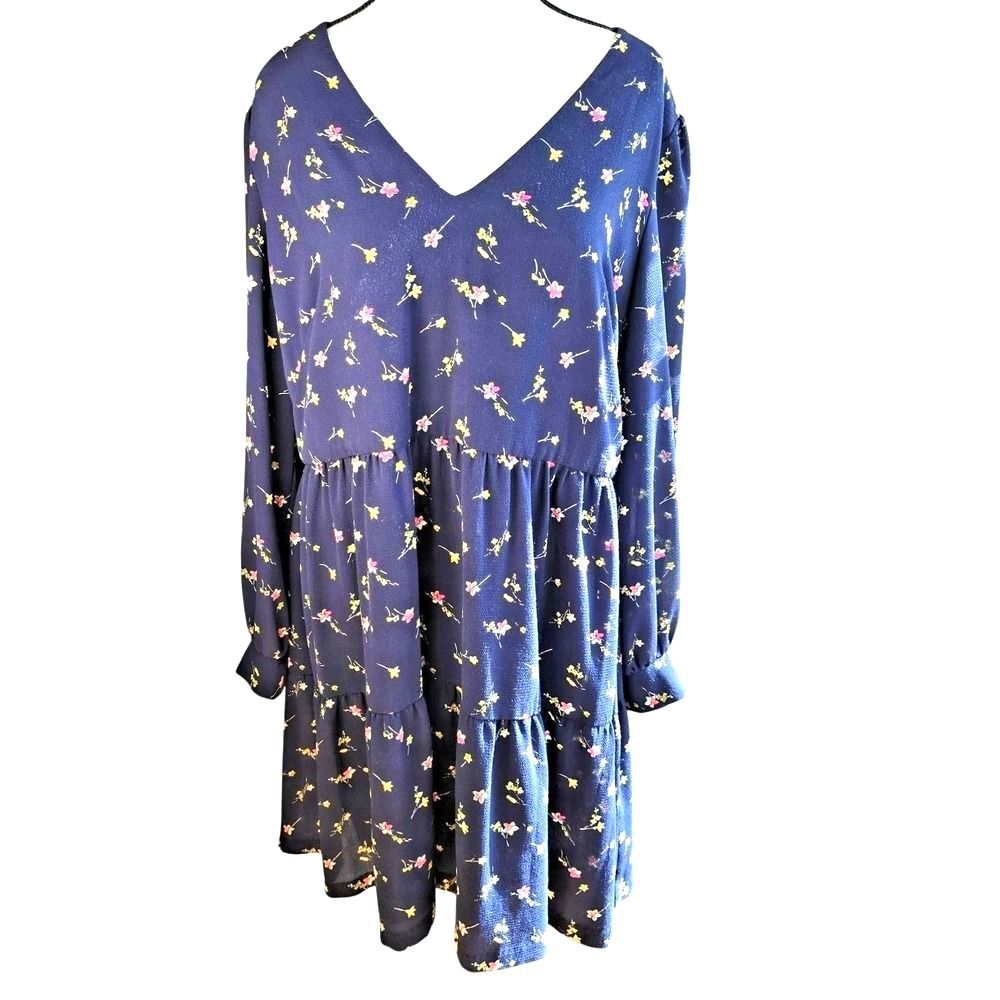 Lauren Ralph Lauren Navy Floral Bishop-Sleeve Crepe Tiered Dress Size 16